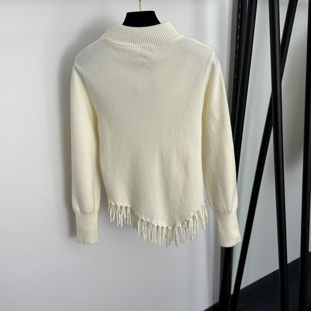 Chanel Metal Logo Lettering Pearl Gold Necklace Tassel Long-Sleeve Knit Top