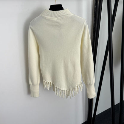 Chanel Metal Logo Lettering Pearl Gold Necklace Tassel Long-Sleeve Knit Top