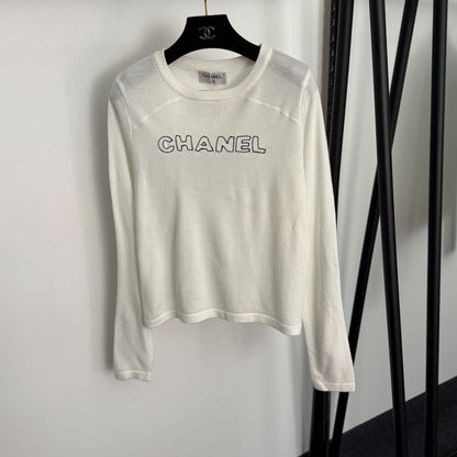 Chanel Long-Sleeved Knit T-Shirt with Embroidered Chanel Logo