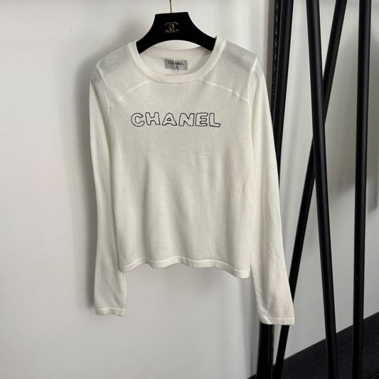 Chanel Long-Sleeved Knit T-Shirt with Embroidered Chanel Logo