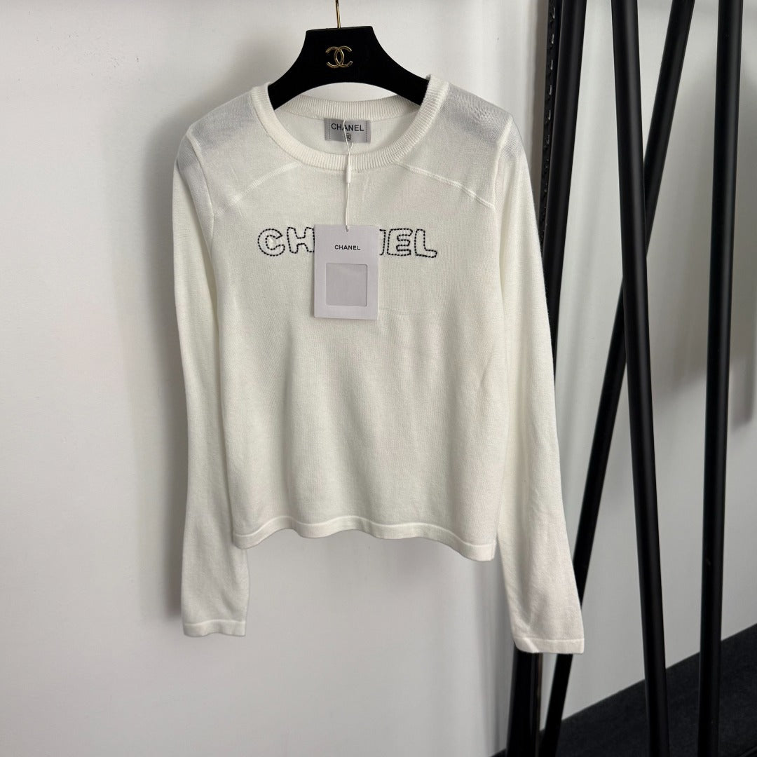 Chanel Long-Sleeved Knit T-Shirt with Embroidered Chanel Logo