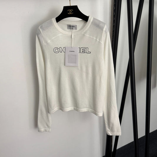 Chanel Long-Sleeved Knit T-Shirt with Embroidered Chanel Logo