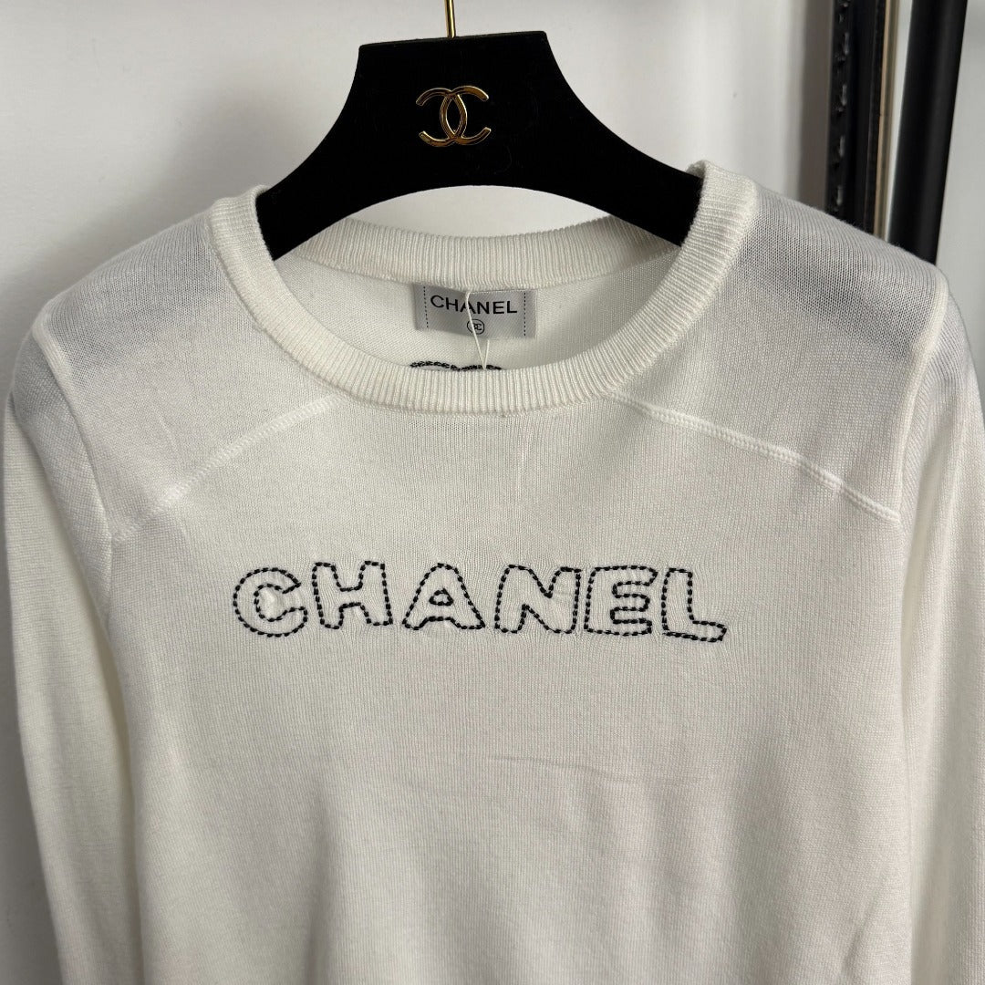 Chanel Long-Sleeved Knit T-Shirt with Embroidered Chanel Logo