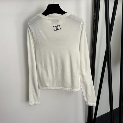 Chanel Long-Sleeved Knit T-Shirt with Embroidered Chanel Logo