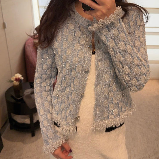 Chanel 26 Blue and White Round Neck Cardigan with Tassel Trim at the Hem