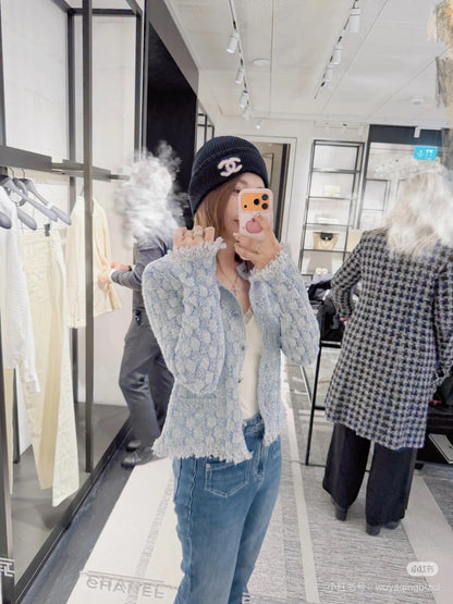 Chanel 26 Blue and White Round Neck Cardigan with Tassel Trim at the Hem