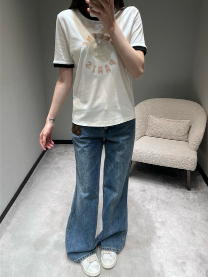 Celine 26SS Color-blocked Neck T-shirt White in Cotton 898941