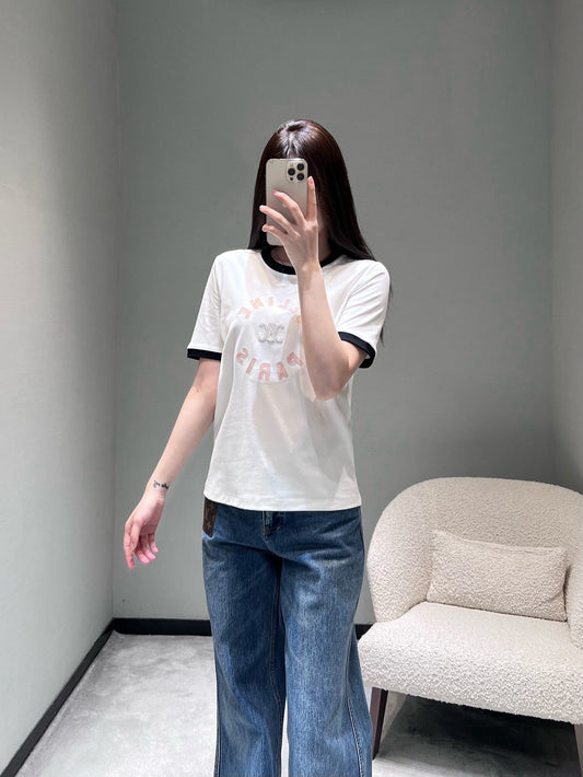 Celine 26SS Color-blocked Neck T-shirt White in Cotton 898941