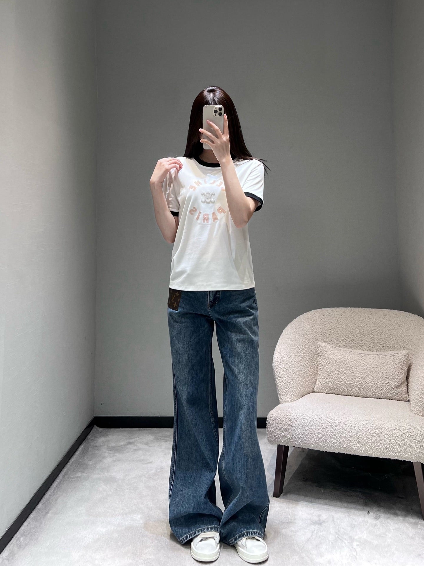 Celine 26SS Color-blocked Neck T-shirt White in Cotton 898941