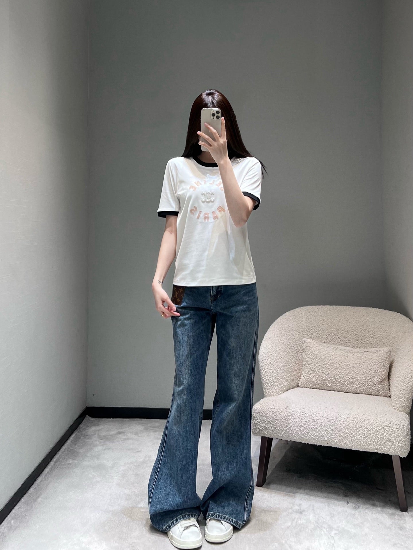 Celine 26SS Color-blocked Neck T-shirt White in Cotton 898941