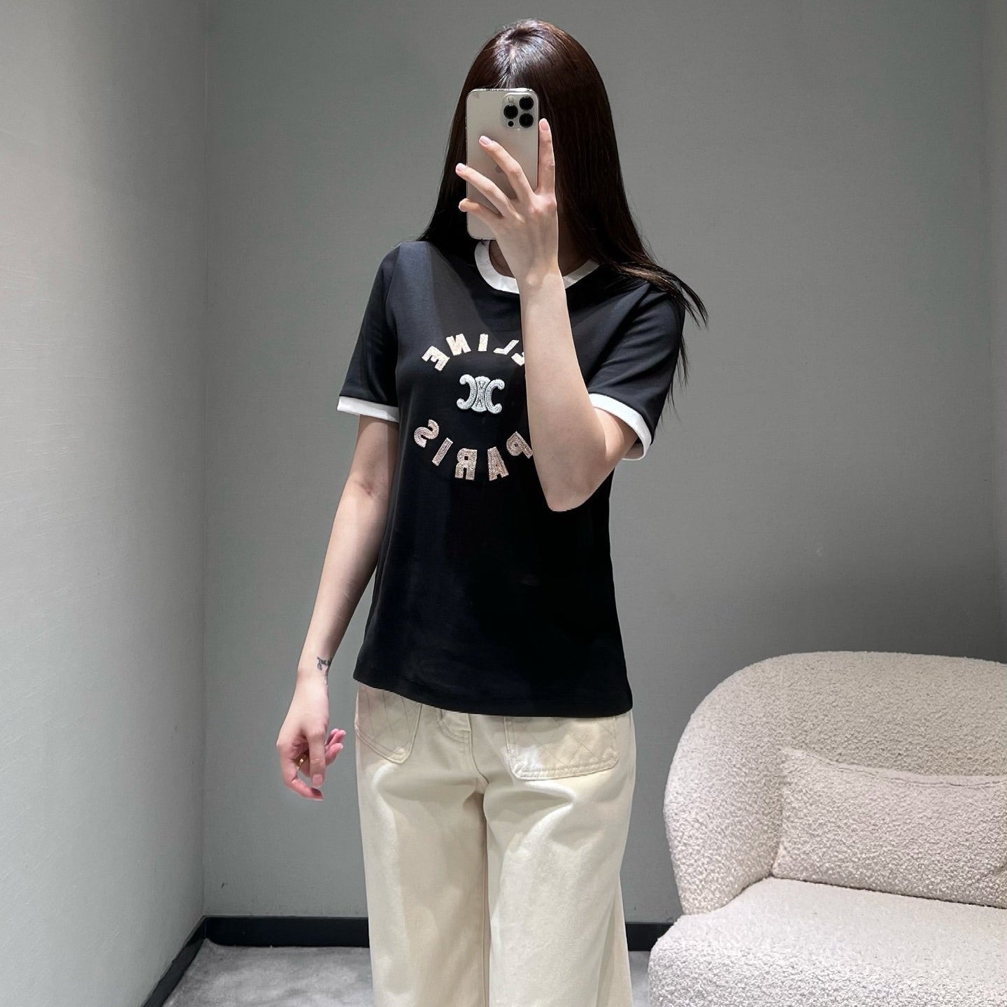 Celine 26SS Color-blocked Neck T-shirt Black in Cotton 898939