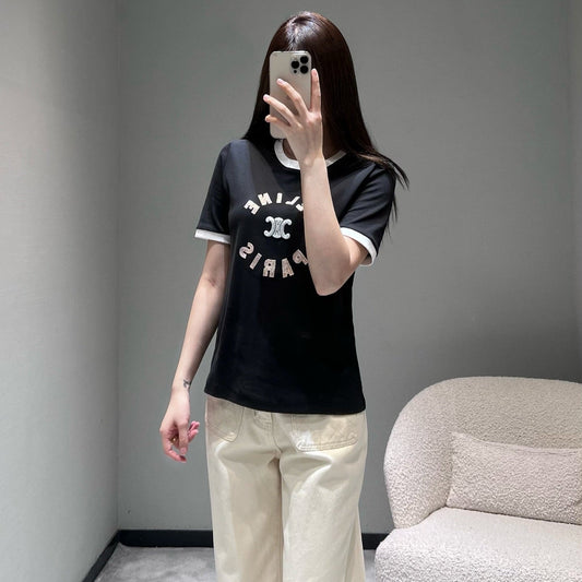 Celine 26SS Color-blocked Neck T-shirt Black in Cotton 898939