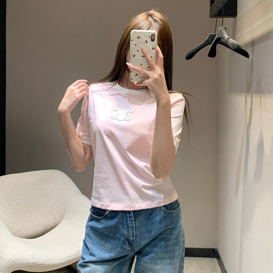 Celine 26SS Neck Short Sleeve T-Shirt Pink in Cotton 813204