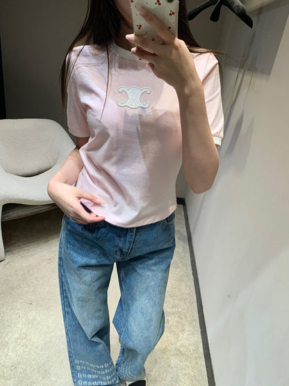 Celine 26SS Neck Short Sleeve T-Shirt Pink in Cotton 813204