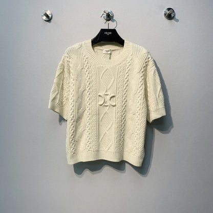 Celine 26SS Cable Knit Short-Sleeve T-Shirt Beige in Wool 972358
