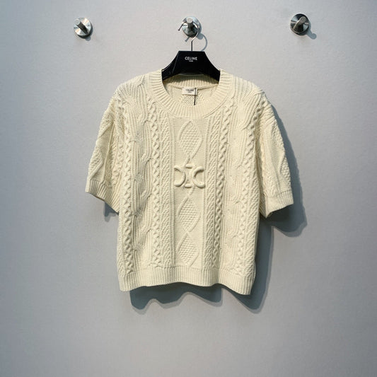 Celine 26SS Cable Knit Short-Sleeve T-Shirt Beige in Wool 972358