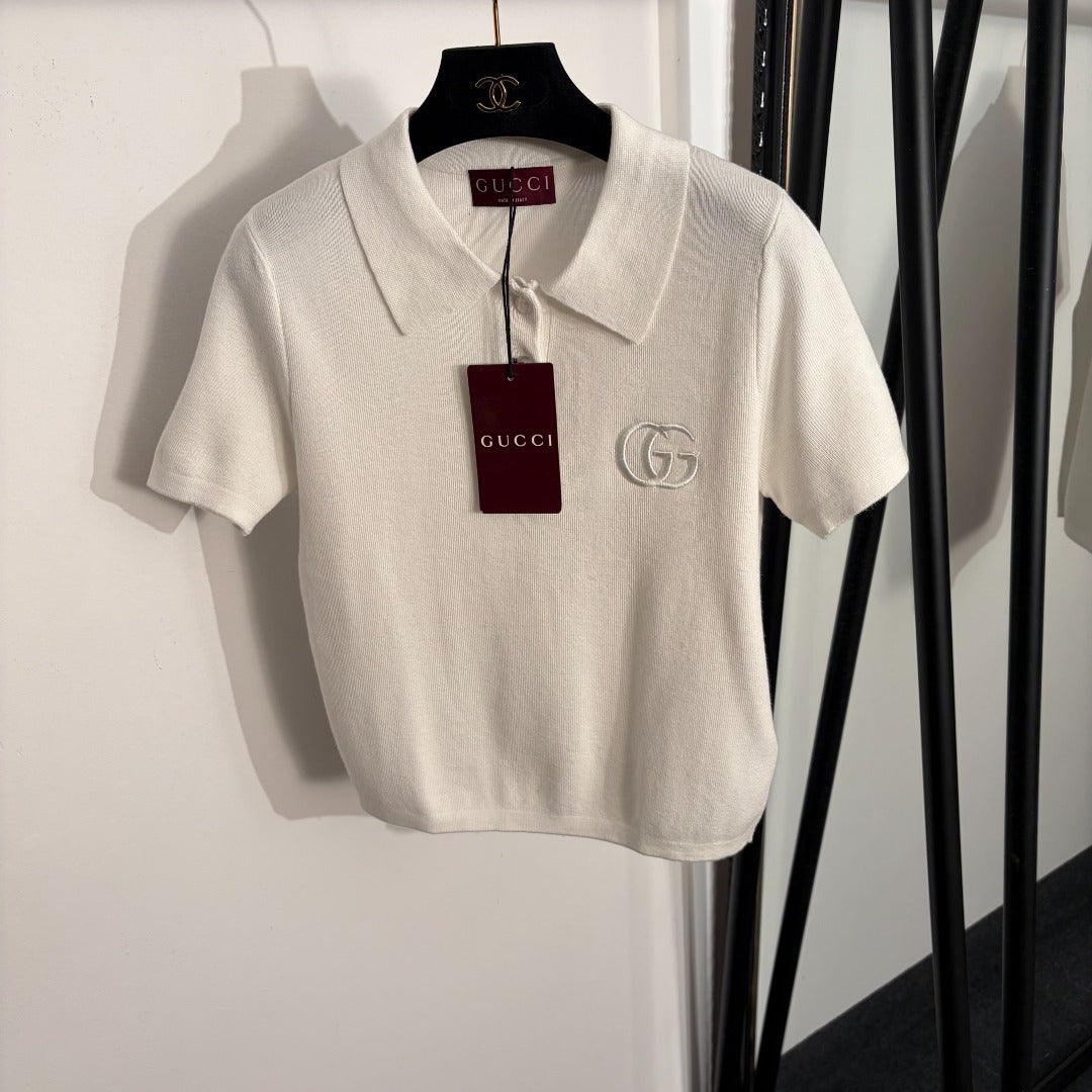 GG Embroidered Half-Button Collar Short-Sleeve Wool