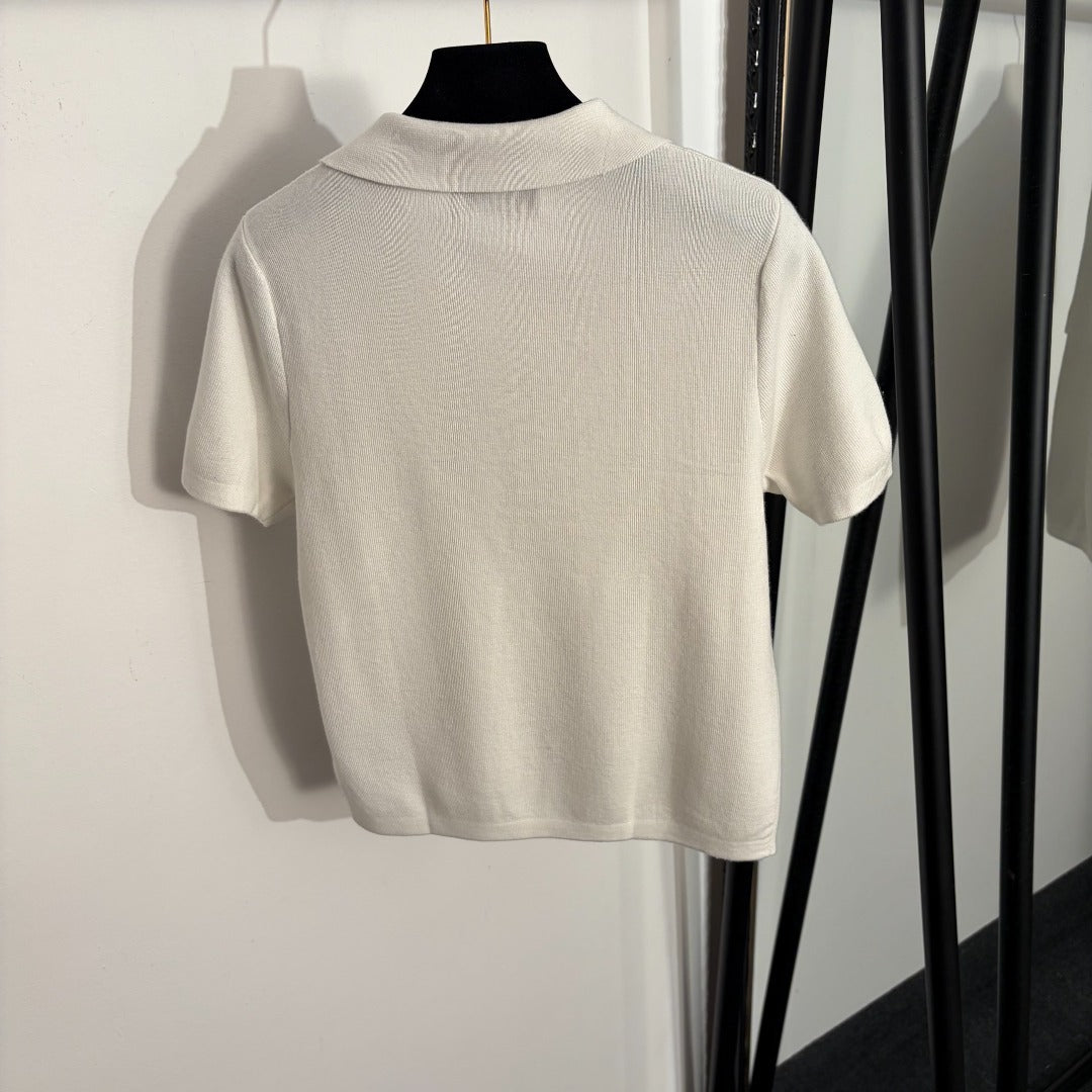 GG Embroidered Half-Button Collar Short-Sleeve Wool