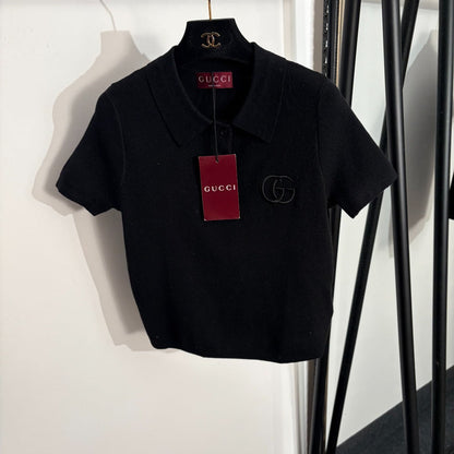 GG Embroidered Half-Button Collar Short-Sleeve Wool