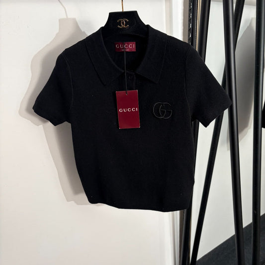 GG Embroidered Half-Button Collar Short-Sleeve Wool
