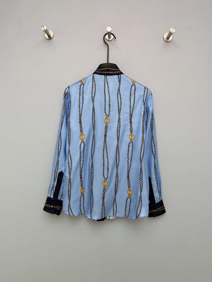 GG Chain Series Print Shirt Blue in Silk Twill 144472