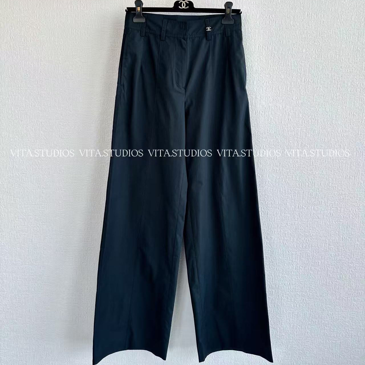 Chanel 2026 High-Waisted Wide-Leg Pants Navy Blue in Cotton 162156