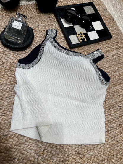Chanel 26SS  Embellished Rhinestone Camisole White in Knit Texture 161793