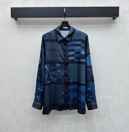Hermes 26 Printed Long-Sleeve Shirt Blue in Mulberry Silk 137394