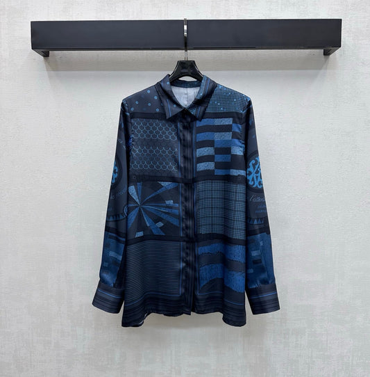 Hermes 26 Printed Long-Sleeve Shirt Blue in Mulberry Silk 137394