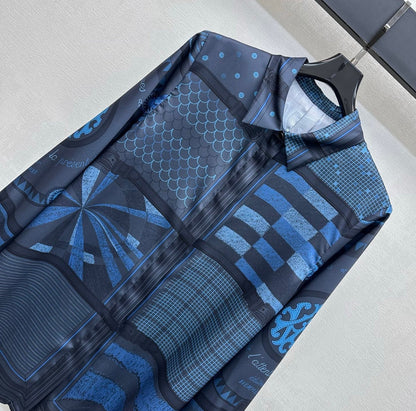Hermes 26 Printed Long-Sleeve Shirt Blue in Mulberry Silk 137394