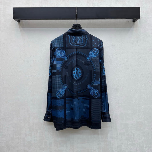 Hermes 26 Printed Long-Sleeve Shirt Blue in Mulberry Silk 137394