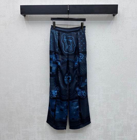 Hermes 26 Printed Straight-Leg Trousers Blue in Mulberry Silk 137393