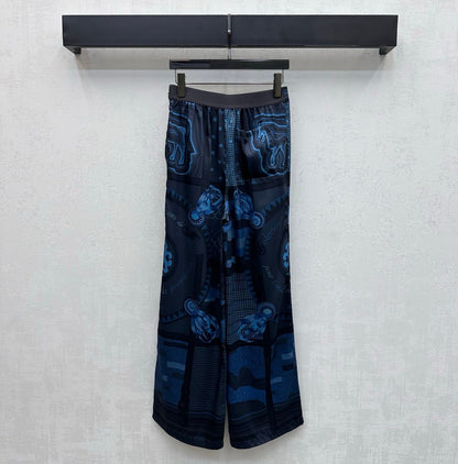 Hermes 26 Printed Straight-Leg Trousers Blue in Mulberry Silk 137393