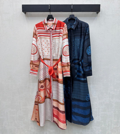 Hermes 26 Printed Waist-Waisted Maxi Dress Blue in Mulberry Silk 137386