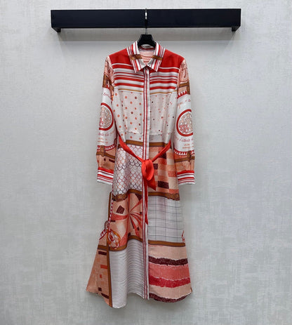 Hermes 26 Printed Waist-Waisted Maxi Dress Orange in Mulberry Silk 137384