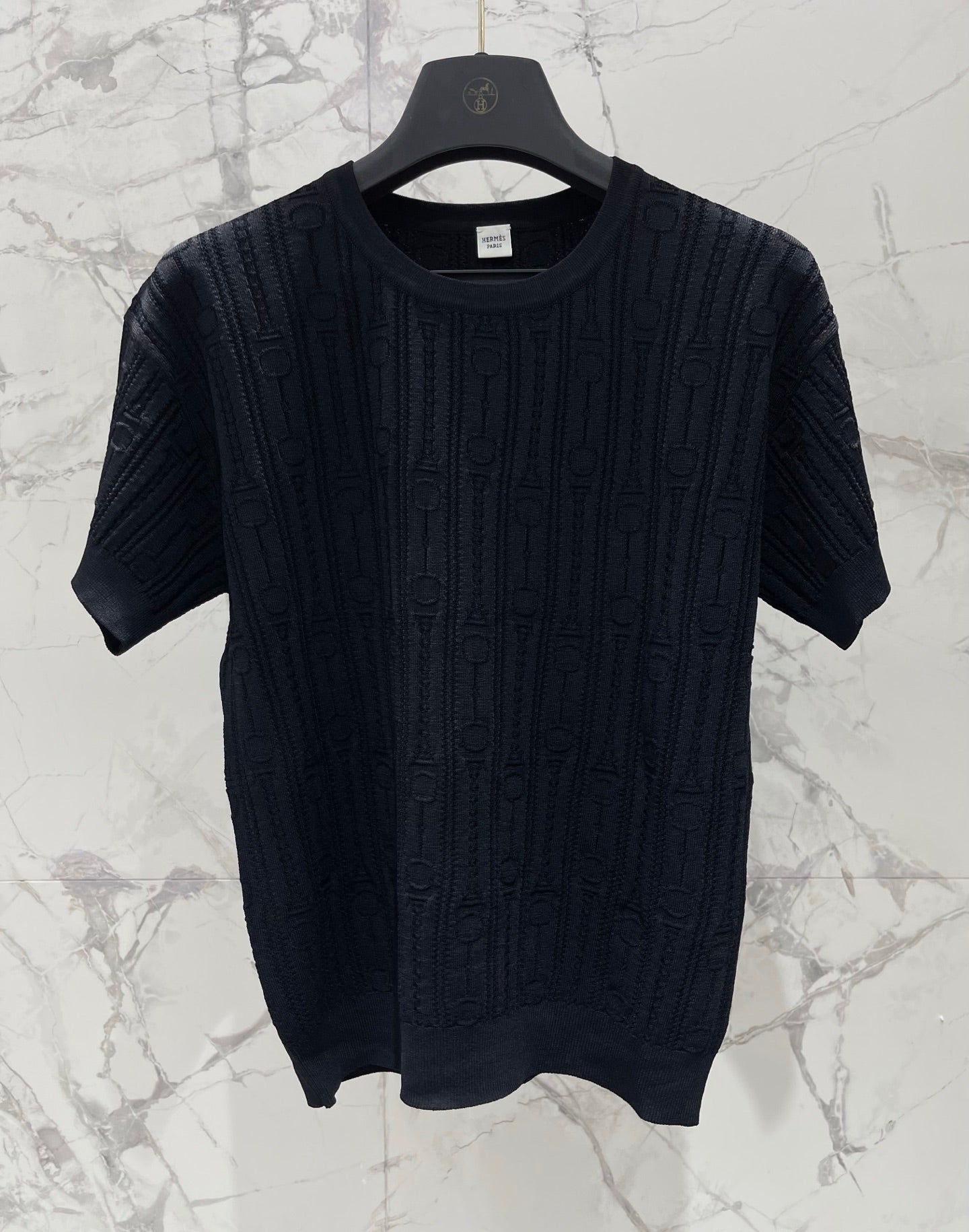 Hermes Print Knit Short-Sleeve T-Shirt Black in Silk Hyperbolic 122650