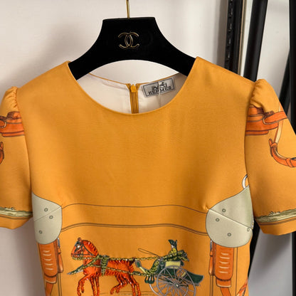 Hermes 26  Beaded Horse and Carriage Print Short-Sleeve Dress in Cotton 948659