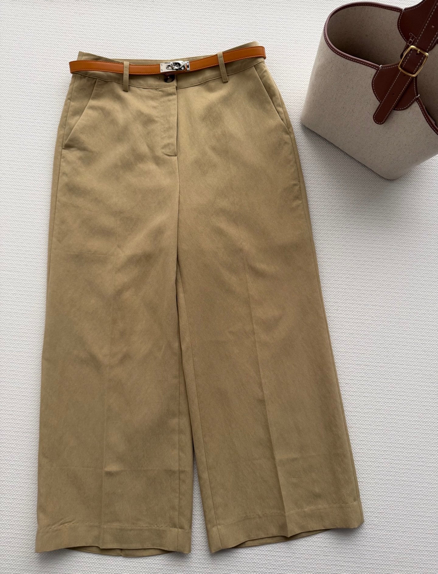 Hermes 26SS Cropped Wide-Leg Pants Khaki Brown in Cotton 938211