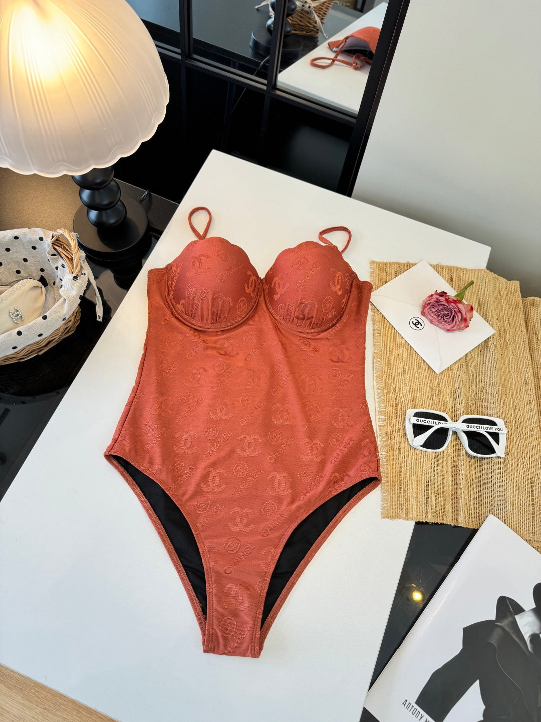 Chanel One-piece Swimsuit Brick Red in Cotton 201804