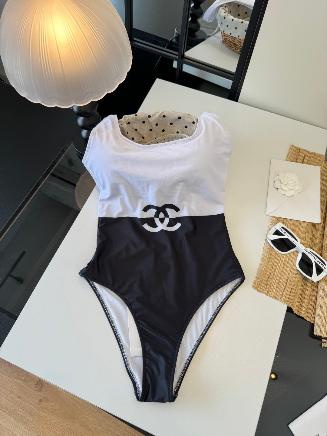 Chanel Underwire One-piece Swimsuit Black White in Cotton 204636