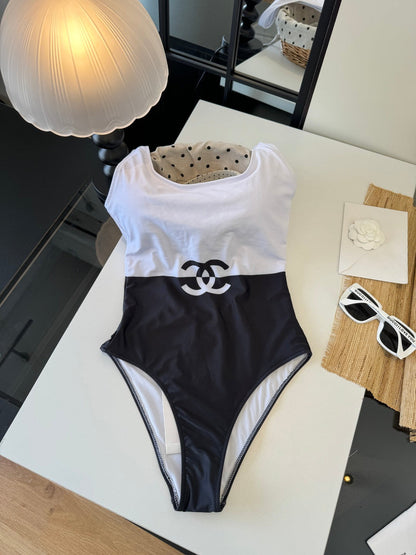 Chanel Underwire One-piece Swimsuit Black White in Cotton 204636
