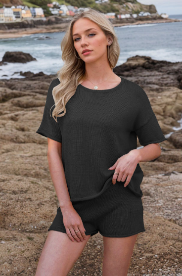Conjunto de dos piezas de ropa de verano para mujer, holgado, cuello redondo, informal, manga corta, pantalones cortos, prendas de punto