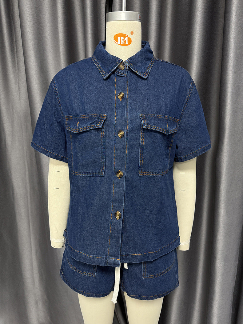 Conjunto de dos piezas de camisa y pantalones cortos de mezclilla de manga corta con bolsillos sueltos estilo retro informal
