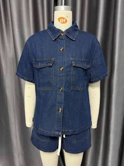 Conjunto de dos piezas de camisa y pantalones cortos de mezclilla de manga corta con bolsillos sueltos estilo retro informal