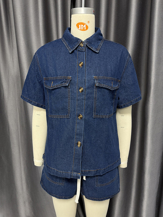 Conjunto de dos piezas de camisa y pantalones cortos de mezclilla de manga corta con bolsillos sueltos estilo retro informal