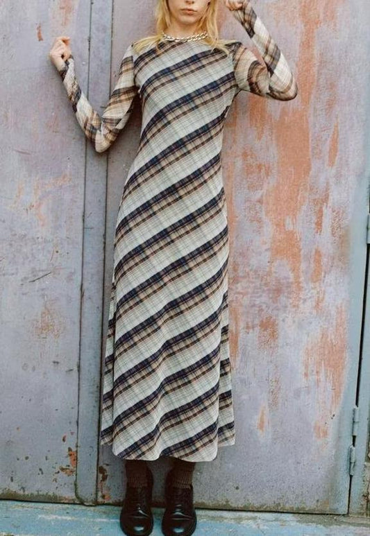 Women Clothing round Neck Loose Casual Plaid Silk Net Long Sleeve Dress