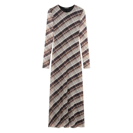Women Clothing round Neck Loose Casual Plaid Silk Net Long Sleeve Dress