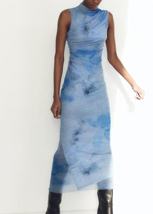 Vestido ajustado plisado sin mangas con estampado floral de malla sexy para mujer de principios de primavera