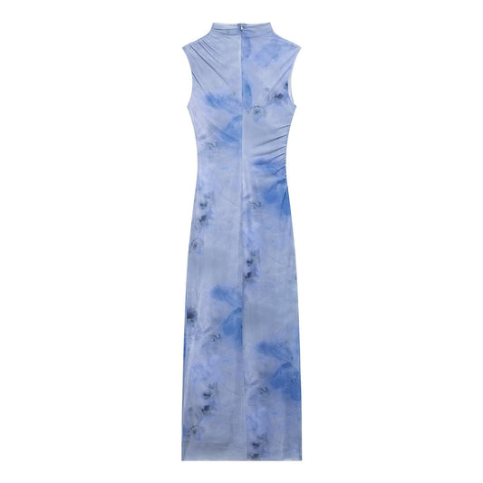 Vestido ajustado plisado sin mangas con estampado floral de malla sexy para mujer de principios de primavera