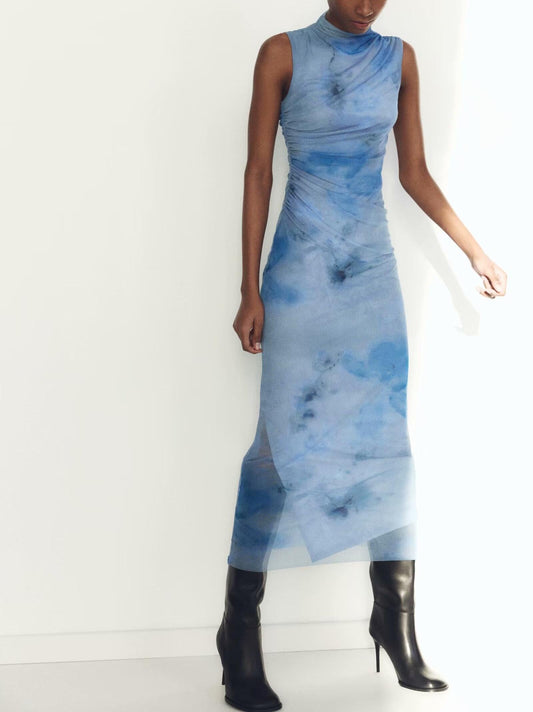 Women French Simplicity Slim Print Pleated Dress